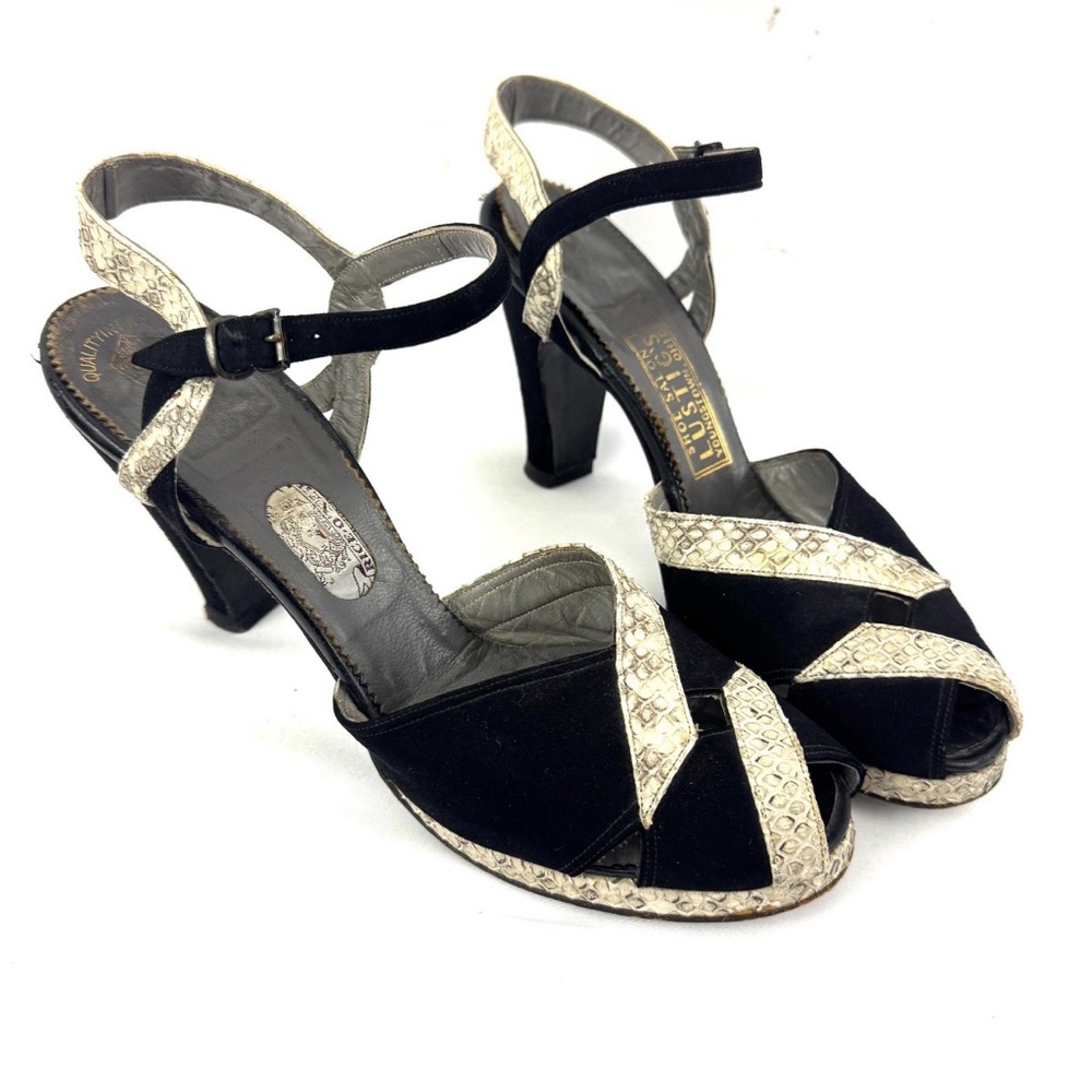 Rare 1940s Rice O’Neill Pumps: Vintage Black Suede Snakeskin Heels, Size 7.5 AAA